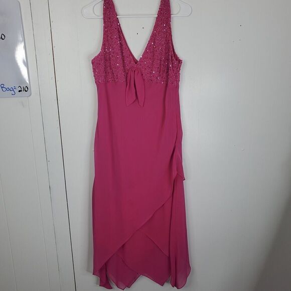 Womens Midi Dress Sequin Babydoll Empire Waist Asymmetrical Hem Evening 12 Pink - Picture 1 of 10
